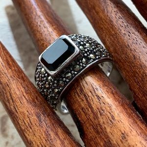Onyx, Marcasite Sterling Silver Band Ring